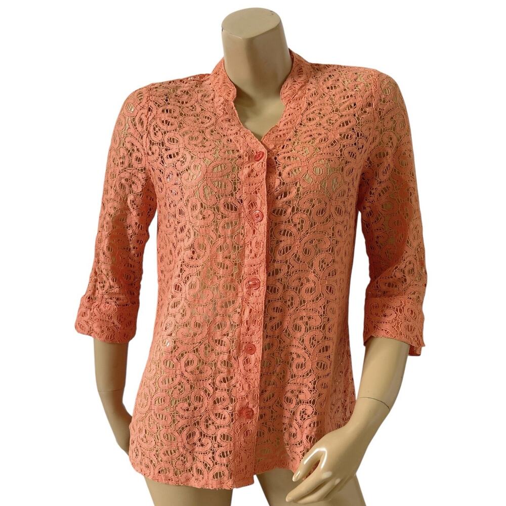 Kim Rogers Petite PM Orange Lace Crochet Button Front Sheer Blouse 3/4 Sleeve